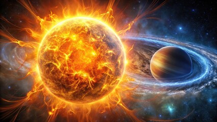 Obraz premium A Fiery Celestial Dance A Burning Star's Intense Energy Engulfs a Neighboring Planet, Swirling Cosmic Dust and Glowing Nebulae Surround Them in a Breathtaking Display of Power and Beauty