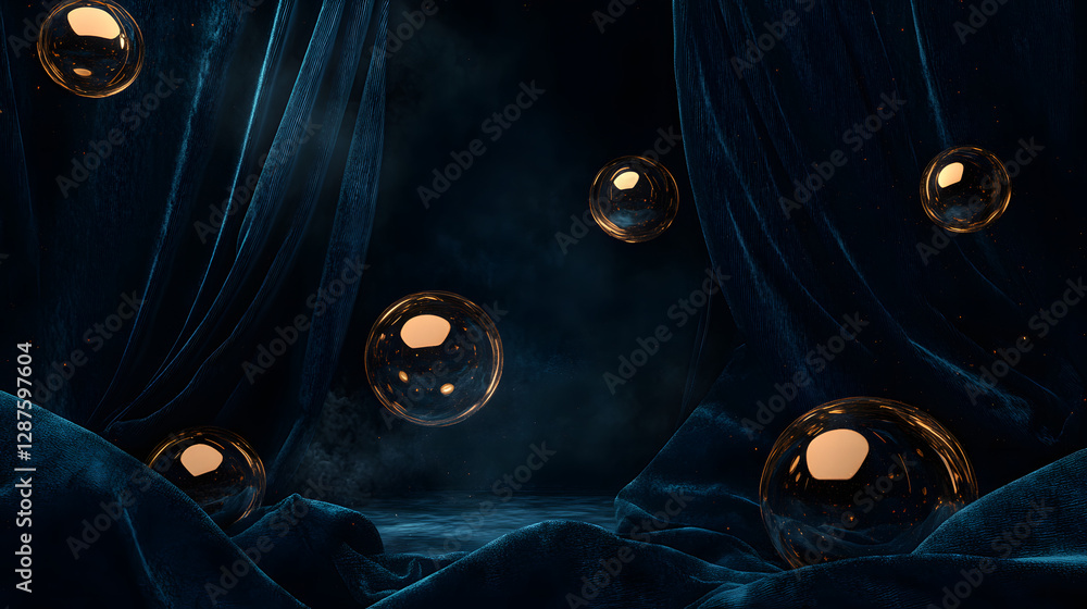 Poster dark room filled with numerous bubbles floating in the air creating a surreal atmosphere