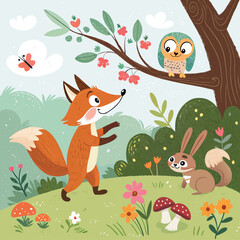 Cute Woodland Animals Illustration Set,Adorable Forest Creatures Cartoon Collection
