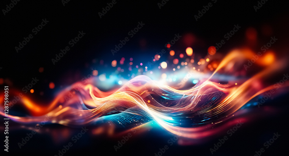 Leinwandbilder abstract image featuring flowing light streaks in shades of orange and blue against a dark backdrop,