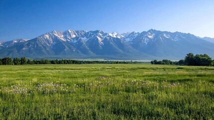 Fototapeta premium Scenic view of snow-capped mountains towering over a lush green meadow filled with wildflowers