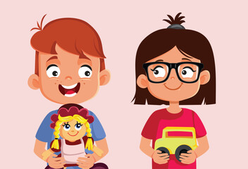 Boy Playing with Doll Sister Playing with Car Vector Cartoon. Kids sharing and exchanging toys developing social skills
