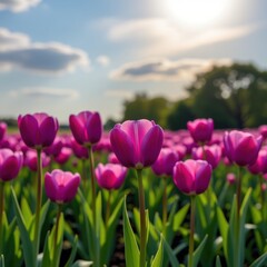 A captivating field of vibrant purple tulips stretches towards a soft, golden sunset sky, capturing the essence of a serene evening.