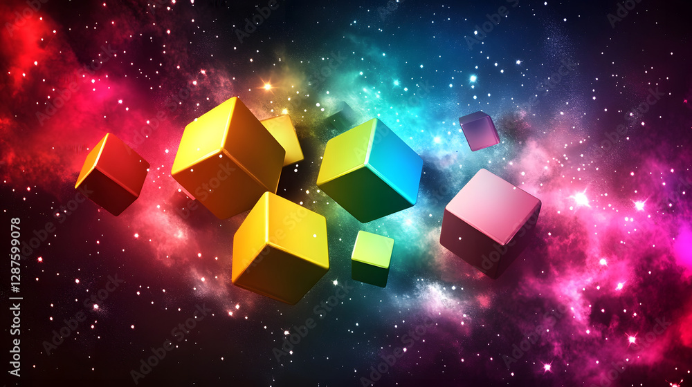 Poster colorful 3d cubes floating in a dark space environment with soft lighting and shadows