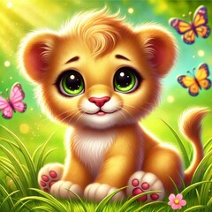 a lion cub playing with a butterfly