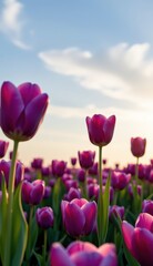 A captivating field of vibrant purple tulips stretches towards a soft, golden sunset sky, capturing the essence of a serene evening.