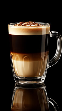 Perfectly layered caff&egrave; breve in a clear glass mug with creamy froth