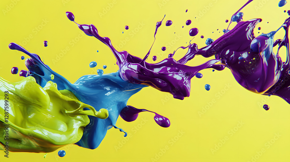 Poster colorful liquid splash on bright yellow background creating dynamic visual effect and texture