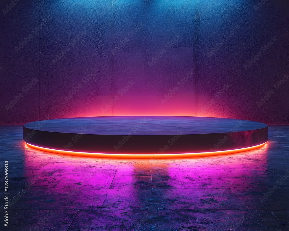 Sticker Futuristic Glowing Podium with Neon Edges Against Vibrant Gradient Blue Backdrop