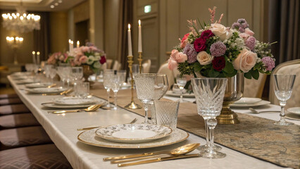 A beautifully set banquet table with elegant tableware, crystal glasses, and a floral centerpiece.
Soft ambient lighting, luxurious gold and white table setting, fine china, and fresh rose arrangement