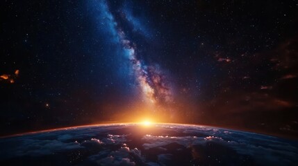 Stunning view of the Earth from space at sunrise, with the Milky Way galaxy visible above