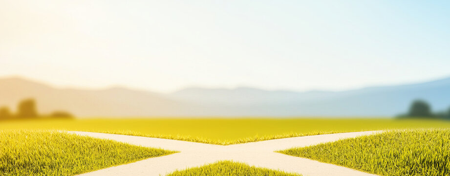 serene landscape with two paths merging in grassy field under clear sky