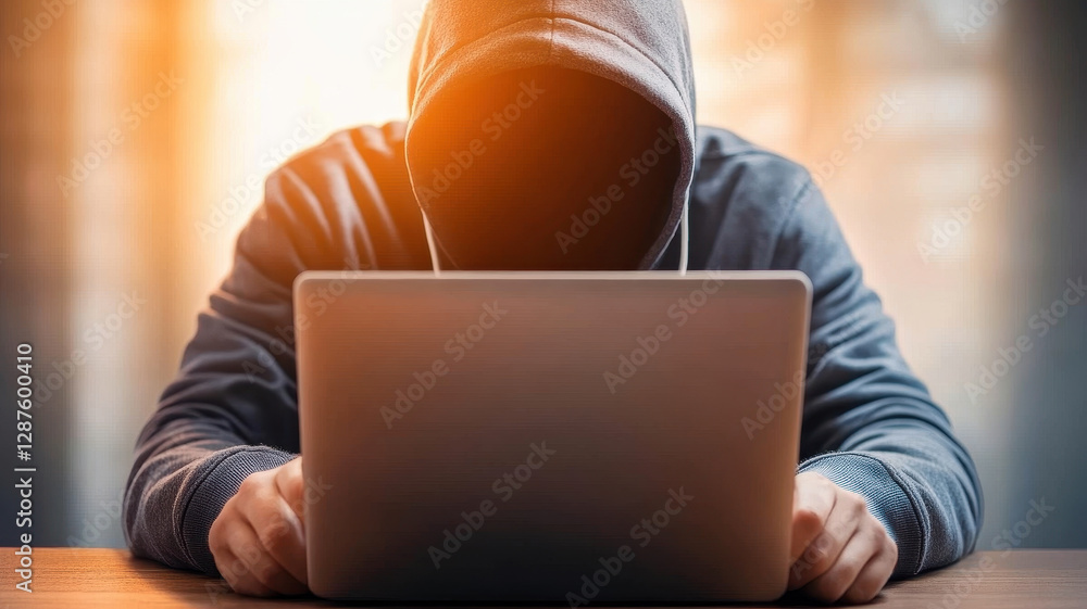 Poster hooded figure sits in front of laptop, engaged in hacking activities, creating mysterious atmosphere