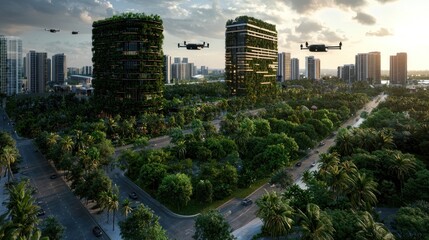 Fototapeta premium Futuristic cityscape with green skyscrapers and drones flying over lush urban greenery at sunset