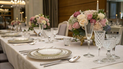 A beautifully set banquet table with elegant tableware, crystal glasses, and a floral centerpiece.
