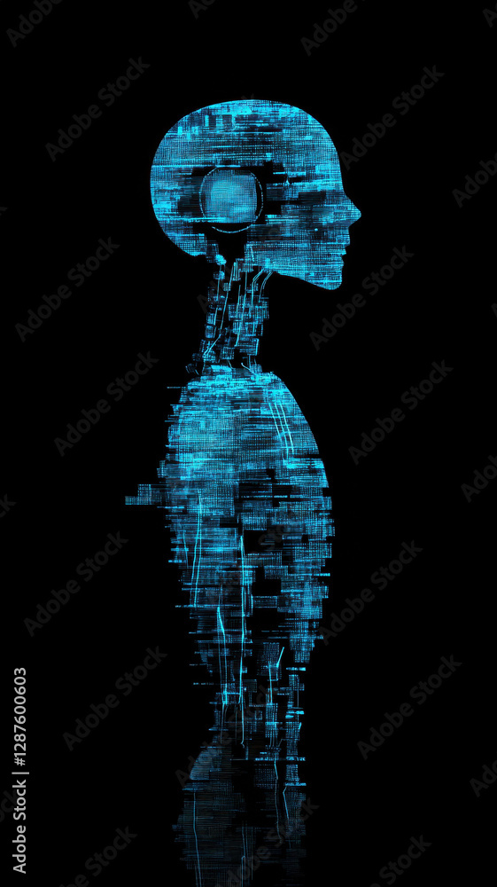 Poster cybernetic ai chatbot silhouette with digital patterns and glowing blue lines, representing advanced