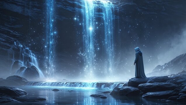 "A waterfall cascades from the sky