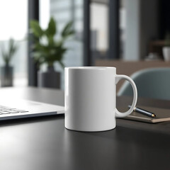 3D render of a white ceramic mug with a blank side panel on a desk with a laptop and notebook, blurred modern office background.