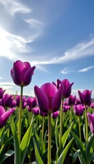 A captivating field of vibrant purple tulips stretches towards a soft, golden sunset sky, capturing the essence of a serene evening.