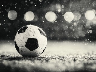 Fototapeta premium A soccer ball rests on a wet field, sparkling under blurred lights in the rain.