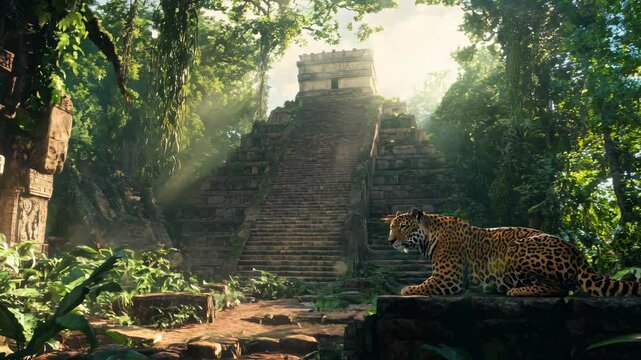 A majestic jaguar rests on a stone platform in front of an ancient Mayan temple, surrounded by dense jungle vegetation. Sunlight filters through the trees, illuminating the intricate carvings 
