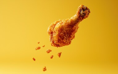 Fototapeta premium Floating fried chicken drumstick with dipping sauce on a golden yellow background