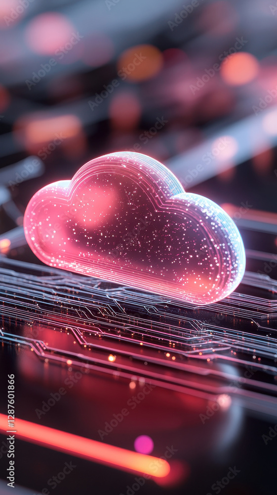 Poster glowing cloud symbol representing cybersecurity and cloud technology, surrounded by digital lines an