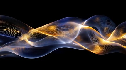 Abstract light waves with flowing energy in golden and blue hues, dynamic motion, and particle effects

