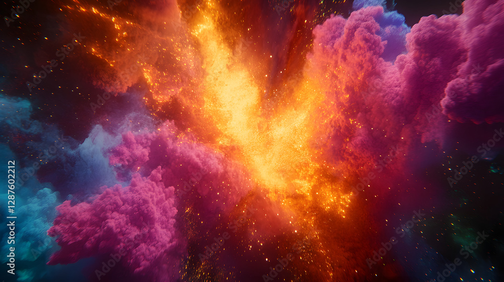 Poster colorful explosion of fire and smoke creating vibrant patterns in the air in a dramatic display of e