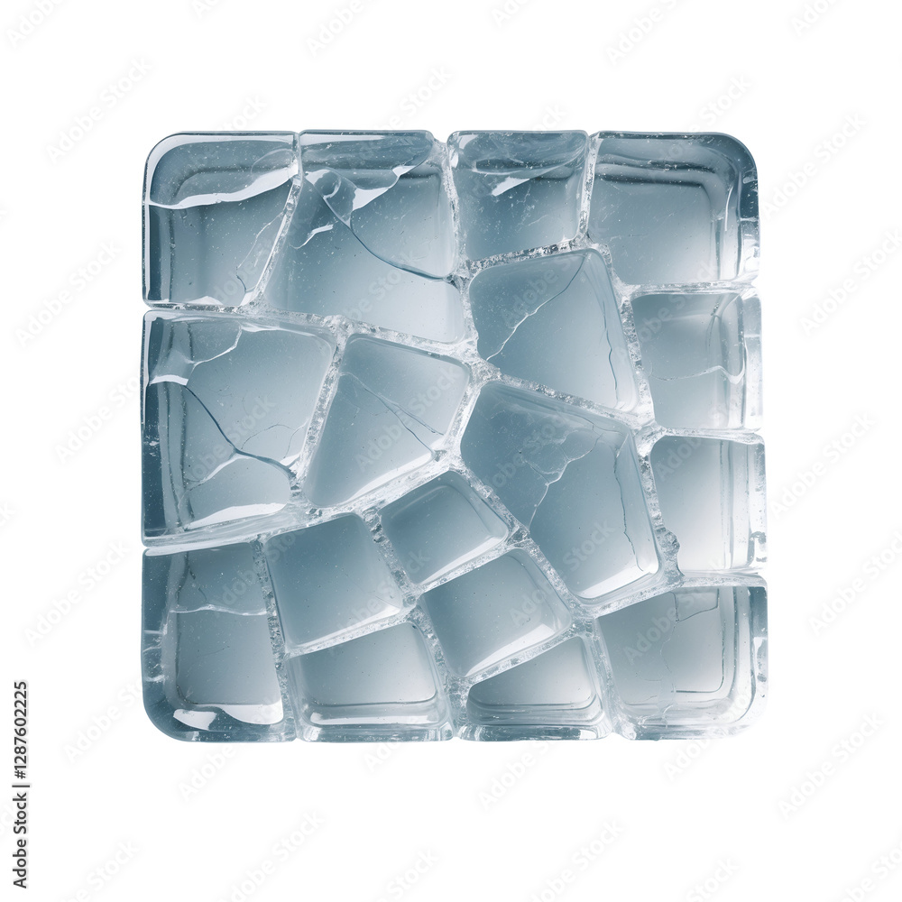 Poster square-shaped ice block featuring a cracked surface, isolated on a transparent background, frozen cu