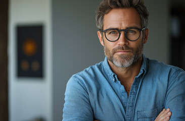 Obraz premium Confident Bearded Man in Glasses with Arms Crossed – Professional Portrait with Casual Blue Shirt, Isolated on White Background. Strong Expression, Sharp Focus, and Copy Space for Design Use