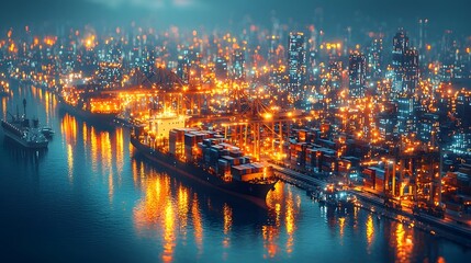 Glowing Cargo Ships Docked at Busy Port Containers Being Loaded Global Distribution Concept