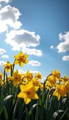 Fototapeta premium A vibrant field of bright yellow daffodils stretches towards a clear, sunlit sky, capturing the essence of a perfect spring day.