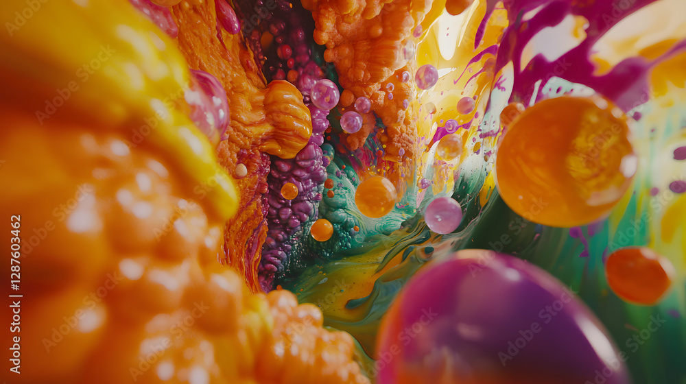 Poster close up of colorful liquid with water creating vibrant patterns and reflections in a clear containe