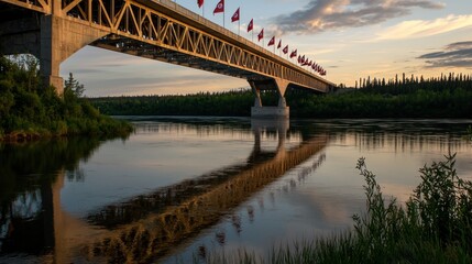 Sunset over a river with a bridge adorned with flags, reflecting on calm waters