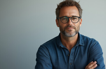 Obraz premium Confident Bearded Man in Glasses with Arms Crossed – Professional Portrait with Casual Blue Shirt, Isolated on White Background. Strong Expression, Sharp Focus, and Copy Space for Design Use