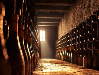 Naklejka premium Long row of rustic wine barrels stacked neatly in a charming vineyard cellar setting