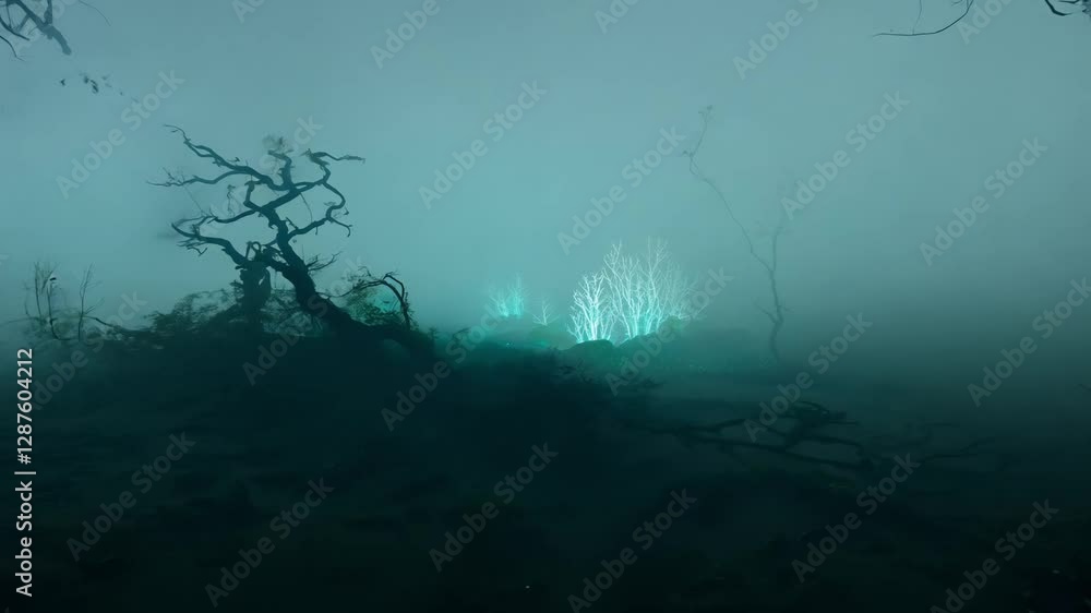 Poster Tracking video through a dense fog blanketing an alien forest, with silhouettes of strange trees visible in low light, low key lighting creates suspense and unknown within the fog