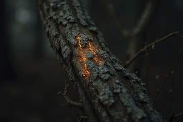 Fototapeta premium Close Up of Tree Trunk with Glowing Warm Orange Light Encircling Bark