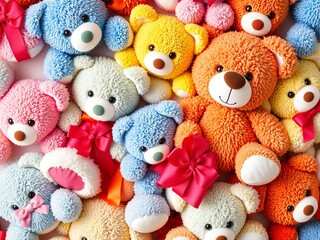 Seamless pattern featuring adorable plush teddy bear dolls in various poses and colors, perfect for children's gifts, fabric design, and scrapbooking projects, plush, scrapbooking, teddy bear