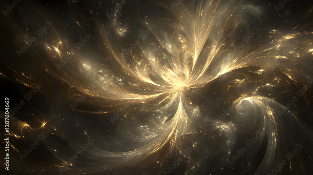Poster large golden swirl design on black background with intricate patterns and textures