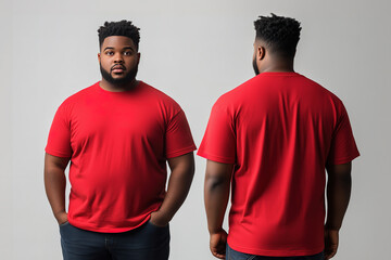 A plus-size male model wearing a red t-shirt, shown from both front and back perspectives, used as a design template mockup