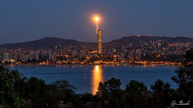 Moon Lightning Striking Skyscraper Cityscape