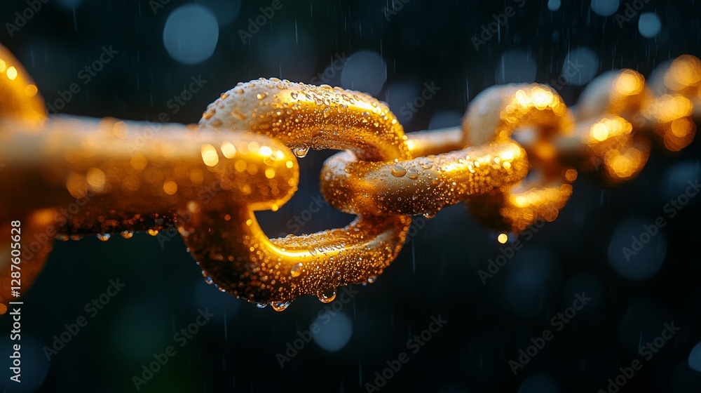 Poster Golden chain covered with water droplets under soft light, macro close-up with bokeh. Strength and durability concept
