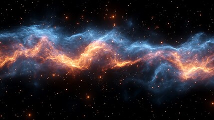 Stunning cosmic nebula with swirling blue and orange gases in a star-filled galaxy background