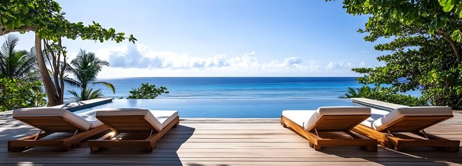 A luxury beach resort with sun loungers and ocean views