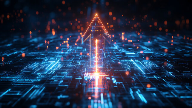 Abstract Digital Circuit Board Structure with Blue and Orange Lines and Light in Dark Background