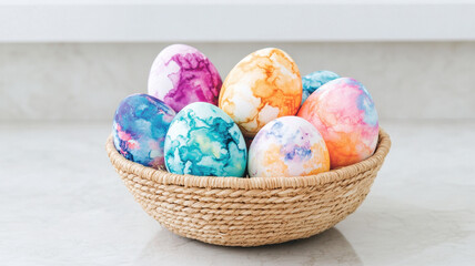 Fototapeta premium Colorful Easter eggs in woven basket, showcasing artistic watercolor designs. Perfect for festive celebrations and spring decor