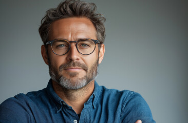 Fototapeta premium Confident Bearded Man in Glasses with Arms Crossed – Professional Portrait with Casual Blue Shirt, Isolated on White Background. Strong Expression, Sharp Focus, and Copy Space for Design Use