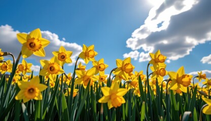 A vibrant field of bright yellow daffodils stretches towards a clear, sunlit sky, capturing the essence of a perfect spring day.